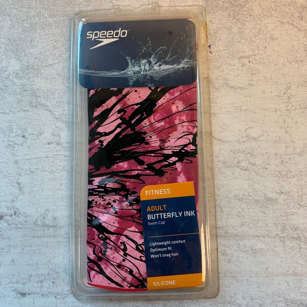 Speedo Adult Swim Cap Pink Black Butterfly Ink Silicone Latex Free 7510097